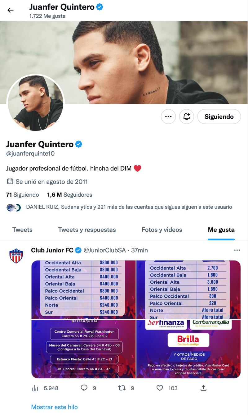 Una publicación del Junior parece anticipar la contratación de Juan Fernando Quintero